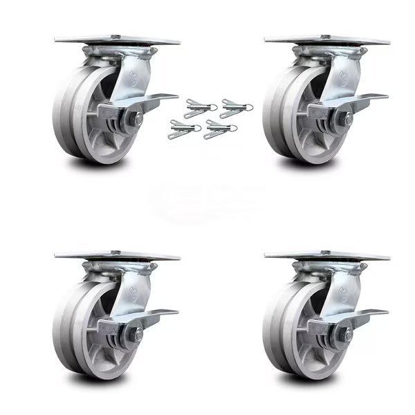 5 Inch V Groove Semi Steel Caster Set with Ball Bearings and Brakes/Swivel Locks, Service Caster, Mfr#: SCC-35S520-VGB-SLB-BSL-4